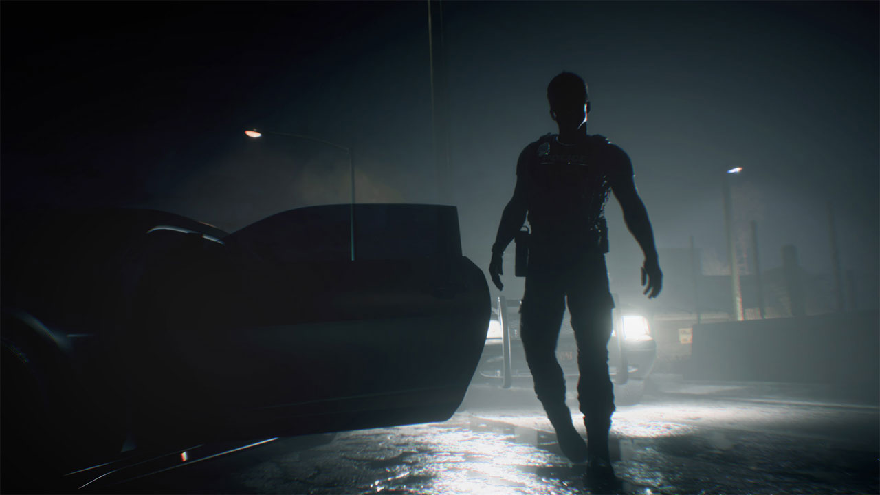 A man getting onboard a car. They are illuminated by strong light of head lamp of a vehicle, so what you see is the silhouette of the man and his car.